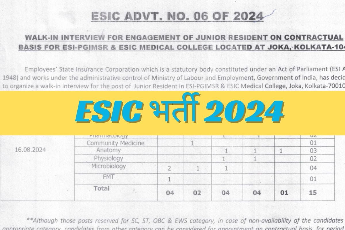 ESIC भर्ती 2024 : बिना लिखित परीक्षा सरकारी नौकरी पाने का मौका, 50 हजार से अधिक मिलेगी सैलरी