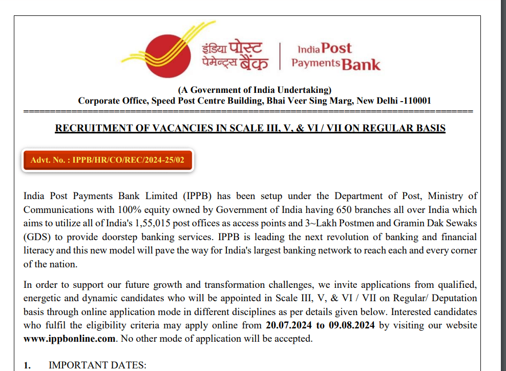 इंडियन पोस्ट पेमेंट्स बैंक में बिना एग्जाम सीधी भर्ती,  4 लाख से अधिक मिलेगी सैलरी